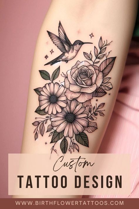 Vibrant Rose, Daisy, and Hummingbird Flower Tattoo - Neo-Traditional Birth Flower Design Rose And Aster Tattoo, Rose Daisy Tattoo, Daisy Birth Flower Tattoo, Camelia Flower Tattoo, Honeysuckle And Rose Tattoo, Daisy And Rose Tattoo, Hummingbird Flower Tattoo, April Birth Flower Tattoo, Aster Tattoo