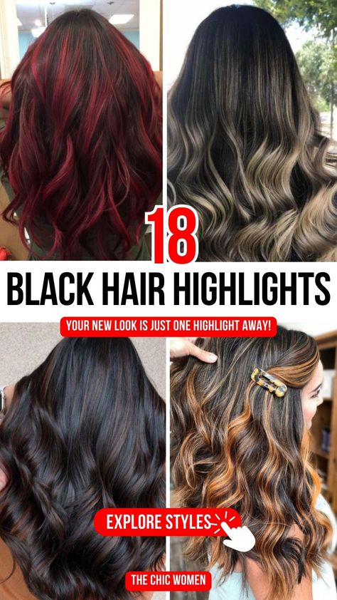 Freshen Up Your Look: Highlights for Black Hair Black Hair With Full Highlights, Black Hairstyles With Highlights, Black Color Hair With Highlights, Black And Dark Brown Highlights, Adding Dimension To Black Hair, Best Balayage For Black Hair, Ombre Highlights Black Women, Black With Light Brown Highlights, Full Highlights For Black Hair