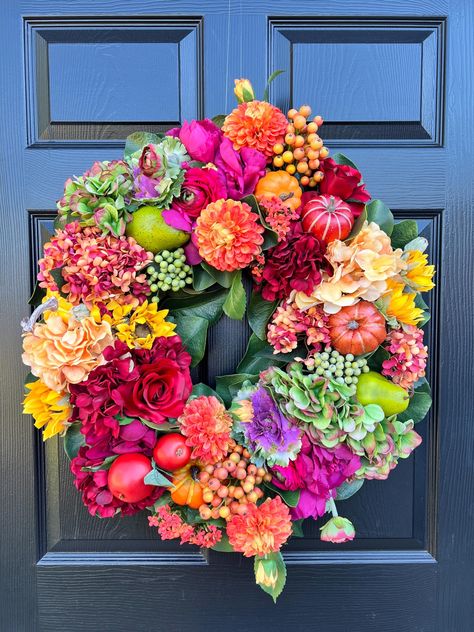 2024 Wreath Trends, Colorful Wreaths, Hanging Arrangements, Orange Dahlias, Easter Front Door, Fun Wreath, Tree Dress, Lubbock Tx, Outdoor Wreaths