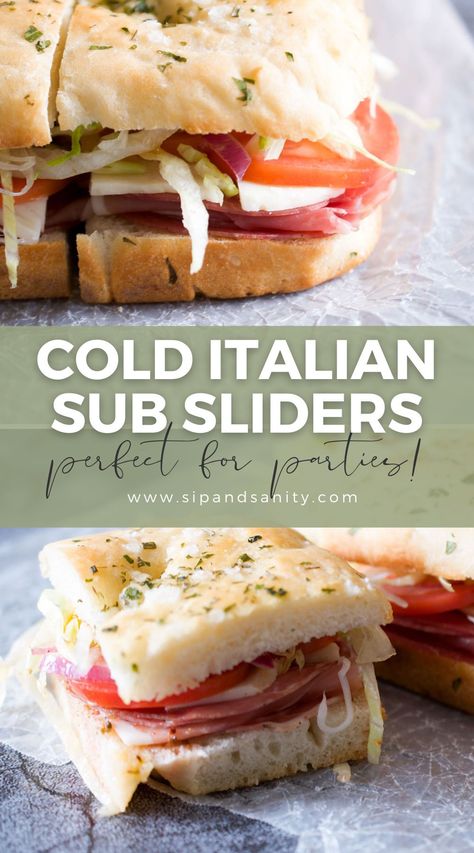 Cold Italian Sub Sandwich Party Sliders are the thing to make for picnics, the beach, poolside, tailgating…and, well…parties! They are quick and easy to assemble and always a crowd favorite! Bake your own homemade focaccia or use slider, Hawaiian, or dinner rolls for easy assembly. These have that undeniable Italian sub flavor — the salty bite of Italian deli meat, the briny spice of banana peppers, and the fresh crunch of dressed veggies. Italian Sub Sliders, Sub Sliders, Italian Sub Sandwich, Sandwich Party, Hawaiian Roll Sandwiches, Party Sliders, Rolled Sandwiches, Rosemary Recipes, Sub Sandwich