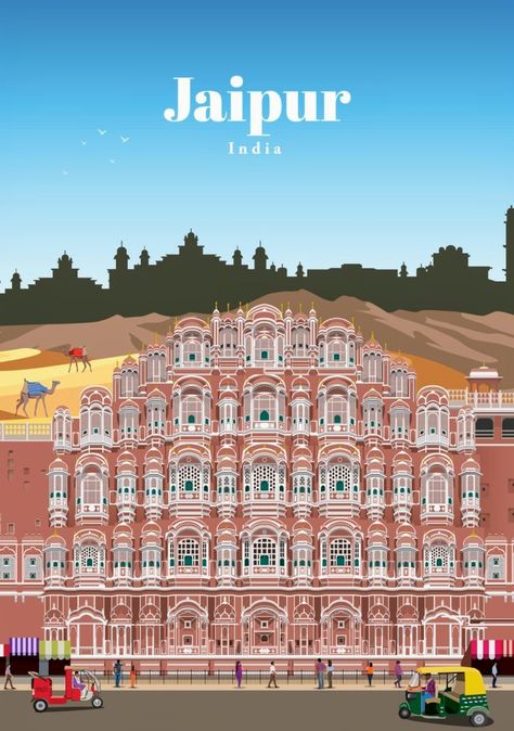 Indian Cities Illustration, Rajasthan Map Illustration, Country Illustration, Jaipur Travel, India Poster, India Architecture, Travel Collage, Watercolor Architecture, Travel Globe