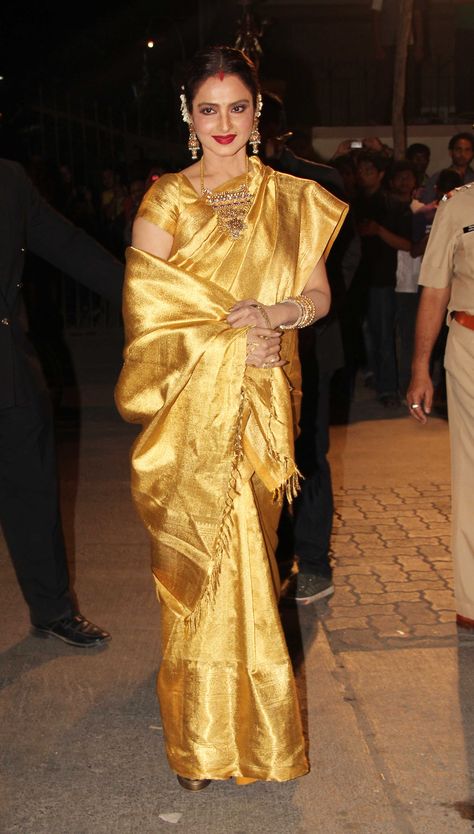 rekha in Banarasi gold Silk #silksarees #indianfashion #southindia #ethnicwear #sarees #silksarees #handloomsarees #onlineshopping #sareedraping #theartofwearingasaree #kanchipuram Rekha Saree, Gold Silk Saree, Maximalist Fashion, Golden Saree, Mother Of The Bride Outfit, Indian Woman, Bridal Silk Saree, Bride Clothes, Pure Silk Sarees