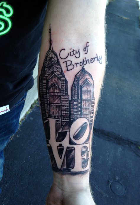 Philadelphia Brotherly Love Tattoo By Diane Lange at Moonlight Tattoo Seaville NJ Brotherly Love Tattoo, Philadelphia Skyline Tattoo, Philly Love Tattoo, Philadelphia Tattoo Ideas, Philly Tattoo, Philadelphia Tattoo, Philly Tattoo Ideas, Union Tattoo, Moonlight Tattoo