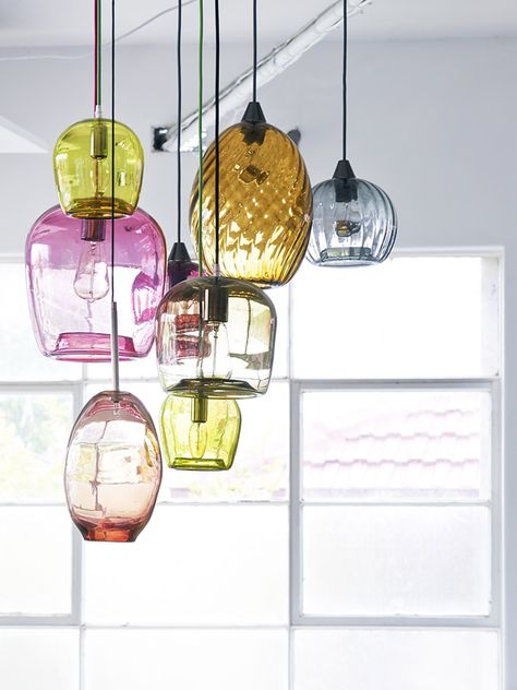 Mark Douglass from Melbourne - what a stunning light assembly. Gorgeous colours with coordinating flex cord. Handblown Glass Pendant, Glass Lights, Diy Lampe, Lights Hanging, Luminaire Vintage, Blown Glass Pendant, Deco Luminaire, Glass Pendant Lamp, The Ceiling