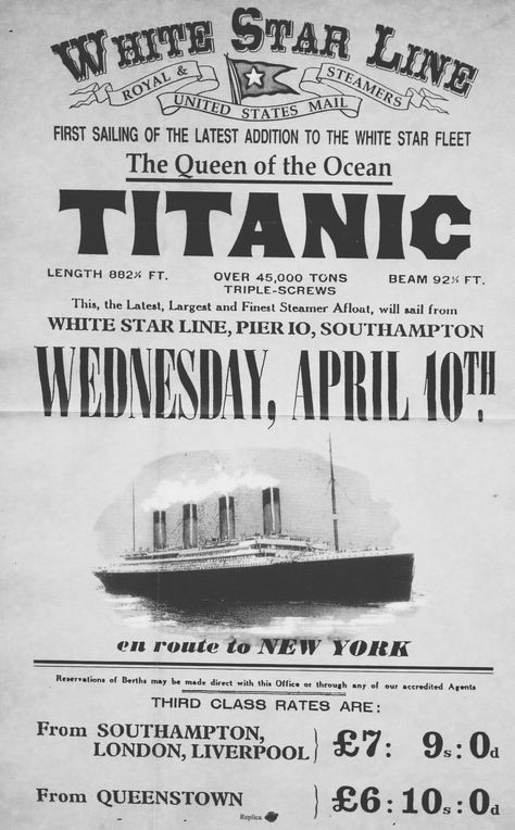 *🇬🇧 Poster advertising the first crossing of the Titanic on April 10, 1912 from Southampton, England to New York 🎞 Titanic Movie Poster, Titanic Poster, Goodnotes Cover, Southampton England, Titanic History, Titanic Ship, Poster Advertising, Titanic Movie, Vintage Poster Design