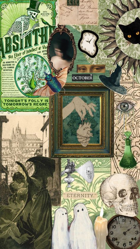 #art #wallpaper #collageart #green #spooky #halloween #skeleton #inspo #vintageaesthetic #vibes #time Halloween Green Aesthetic, Green Halloween Wallpaper, Green Halloween Aesthetic, Halloween Green Wallpaper, Halloween Widget, Halloween Green, Green Halloween, Halloween Trends, Collage Iphone