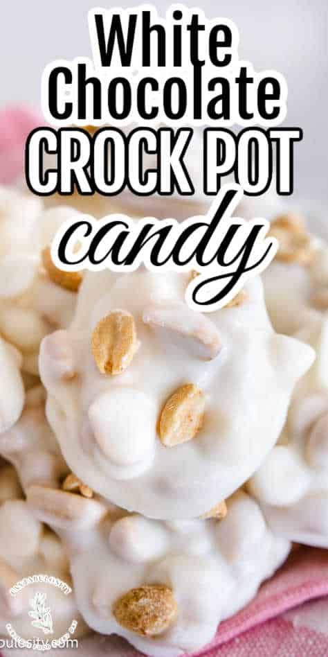 YUM!!! This only takes a few ingredients and it's so easy made in the slow cooker! It uses peanuts, almond bark, and white chocolate chips! Peppermint Crockpot Candy, White Chocolate Marshmallow Candy, White Chocolate Peanut Clusters, Christmas White Chocolate, White Chocolate Bark Recipes, Crock Pot Candy, Candy Bark Recipes, Slow Cooker Candy, Christmas Trays