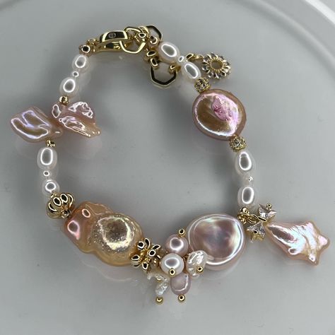 Handmade Freshwater Flameball Baroque Pearl Bracelet Gold Pink Shooting Star Gb717 Gold Plated Adjustable Loop Bead Bracelet, Baroque Pearl Bracelet, Pearl Bracelet Stack, Dream Accessories, Pink Pearl Bracelet, Hammered Cuff Bracelet, Charm Bracelet Gold, Pearl Bracelet Gold, Bronze Bracelets