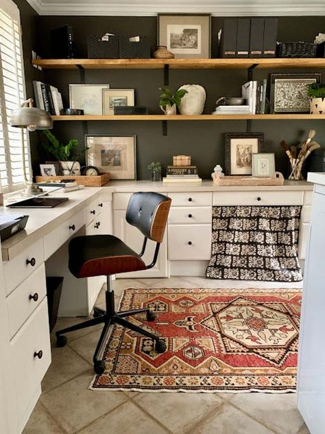 Small Office Makeover, Sherwin Williams Urbane Bronze, Brown Grey Paint, Make A Headboard, Urbane Bronze, Oak Floating Shelves, Office Shelf, Indoor Outdoor Carpet, Bookcase Styling