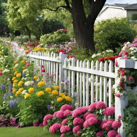 Flower Garden Fence Ideas Flower Garden Fence Ideas, Picket Fence With Flowers, Flower Garden Fence, Fence With Flowers, Cottage Fence, Fence Backdrop, Perennial Flower Garden, Garden Fence Ideas, Garden Flowers Perennials