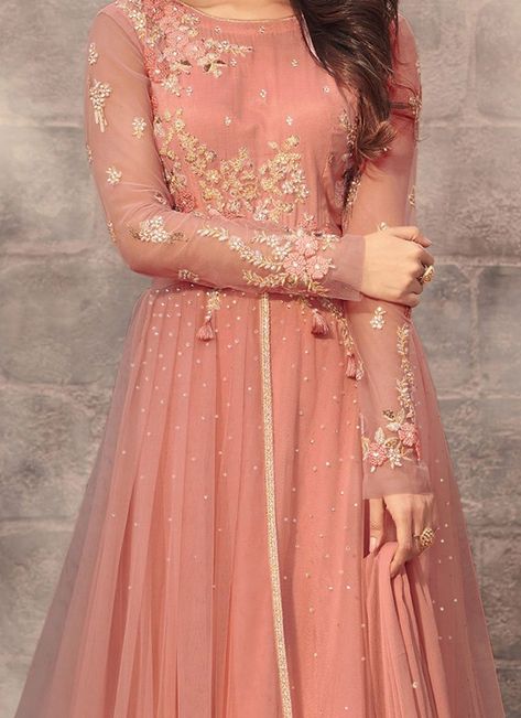 Peach Net Abaya Style Anarkali Suit Vegetarian Dip Recipes, Peach Colour Dress, Wedding Anarkali, Red Frock, Indian Wedding Gowns, Designer Anarkali Dresses, Peach Colour, Abaya Style, Indian Gowns Dresses