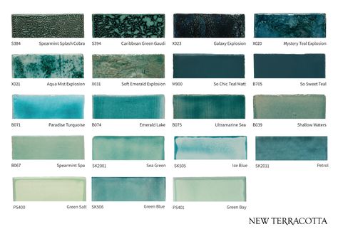 Acqua and Teal tones by New Terracotta glazed tiles. Dark Blue Tile, Terracotta Color Palette, New Terracotta, Green Subway Tile, Teal Tile, Tiles Uk, Teal Bathroom, Teal Kitchen, Bath Tiles