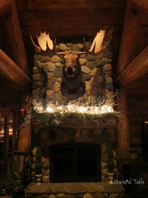 Moose Head Decor, Over Mantle, Rock Fireplace, Entertaining Tablescapes, Holiday Mantle, Moose Head, Rock Fireplaces, Christmas 2015, Tablescapes