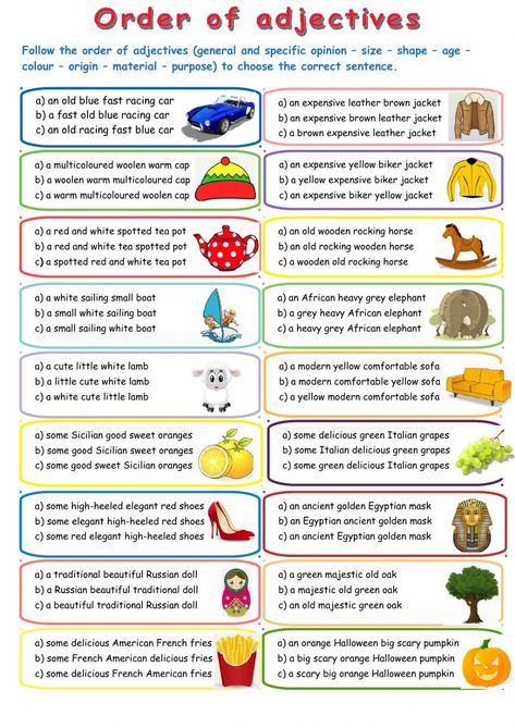 Adjective Order English, Order Of Adjectives Worksheet, Adjective Order, Adjectives Exercises, Adjectives Worksheet, Order Of Adjectives, Adjectives Activities, Adjective Words, Esl Grammar