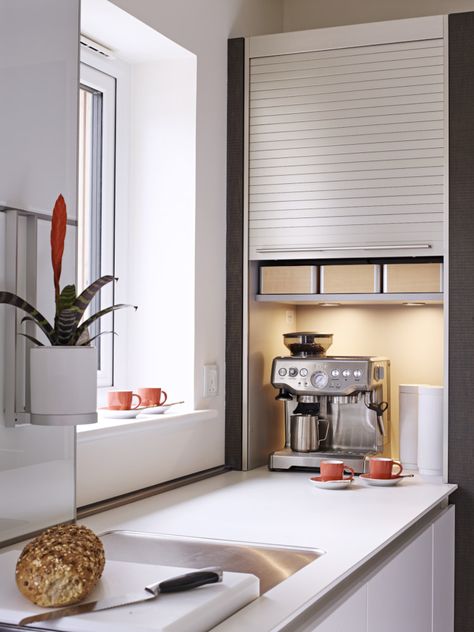 Exeter Luxury Kitchen Design | Sapphire Spaces - Shutter unit with power & light Drinks Station, Kitchen Shutters, Utility Cabinet, Cabinet Inspiration, Easy Coffee, Shutter Doors, Kitchen Lighting Fixtures, Luxury Kitchen Design, Kitchen Room Design