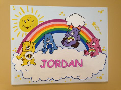 Care Bear personalized canvas painting!  www.facebook.com/rachelsmurals Care Bear Canvas Painting, Care Bears Painting Canvas, Care Bear Painting, Care Bear Painting Canvas, Care Bears Painting, Carebear Painting Canvas, Grizzly Bear Painting, Bears Nursery, Colorful Bear Painting