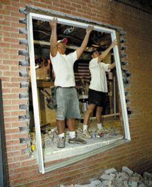 Install a Patio Door to brick wall. Install Patio Door, Diy Patio Door, Diy Sliding Glass Door, Sliding Door Diy, Installing Doors, Deck Door, Kitchen Patio Doors, Patio Door Installation, Kitchen Door Designs