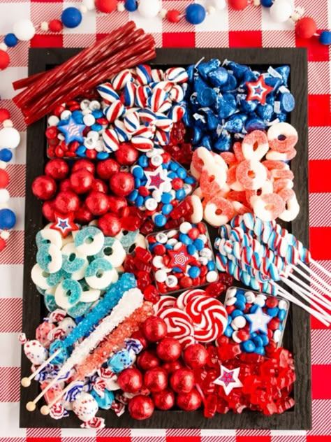 4th of July Bike Parade Party Ideas | Fun365 Fourth Of July Candy, Candy Boards, Candy Charcuterie, 4th July Food, 4th Of July Food, Patriotic Treats, Candy Board, Candy Ideas, Food Boards