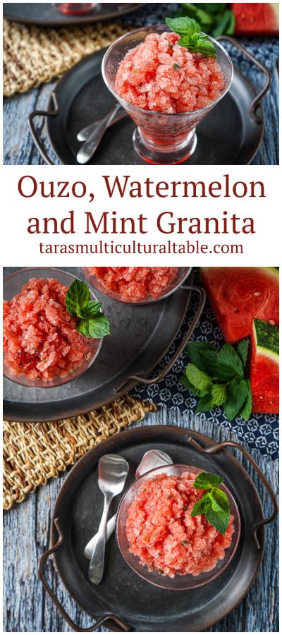 Ouzo, Watermelon and Mint Granita in three glasses with fresh mint leaves. Watermelon Granita Recipe, Italian Granita Recipes, Peach Granita Recipe, Watermelon Mint Drink, Watermelon Mint Mojito, Lime Granita, Watermelon And Mint, Watermelon Granita, My Kitchen Rules