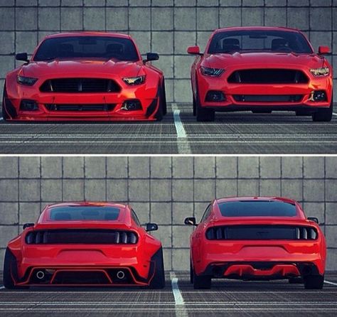 Before and after lowering and adding wide body kit with wider wheels on 2016 mustang gt Mustang Concept, Widebody Mustang, Mustang Body Kit, 2016 Mustang Gt, Mustang Tuning, Shelby Cobra Replica, Model Mannequin, Wide Body Kits, 2015 Mustang