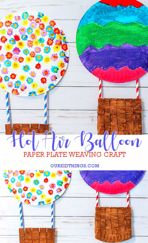 Paper Plate Hot Air Balloon Craft #paperplatecrafts #kidcrafts #weaving Hot Air Balloon Art Preschool, Paper Plate Hot Air Balloon Craft, Got Air Balloon Craft, Hot Air Balloon Craft Kindergarten, Preschool Hot Air Balloon, Prek Hot Air Balloon Craft, Hot Air Balloon Classroom Theme, Hot Air Balloon Paper, Hot Air Balloon Craft