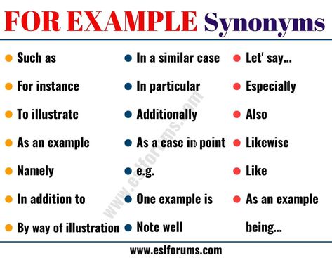 FOR EXAMPLE Synonym: 20 Useful Synonyms for FOR EXAMPLE with Examples - ESL Forums 6th Grade Writing, Y Words, Transition Words, English Language Learning Grammar, Descriptive Words, Writing Inspiration Prompts, Writing Assignments, English Writing Skills, English Sentences