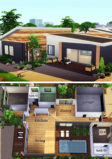 Sims 4 Houses Layout Small Family, Floor Plans For The Sims 4, Sims 4 One Floor House Plan, Sims 4 One Bedroom House Layout, Sims 4 Floorplan Modern, Sims 4house Ideas, Sims Blueprints Floor Plans, Sims 3 Building Ideas, Sims 4 House One Floor