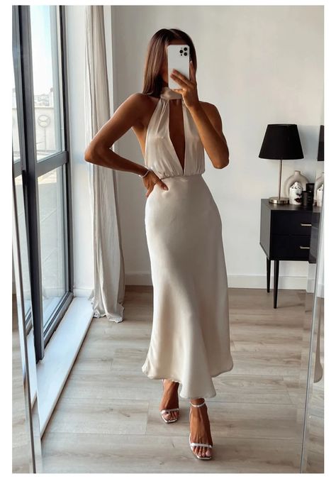 White Wedding Dresses Midi, Cream Dress Midi, Yasmin Devonport Outfits, Cream Wedding Guest Dress, Posh Outfits Classy Chic, Cocktail Dinner Dress, Cream Satin Midi Dress, Engagment Dress 2024, Abroad Wedding Guest Outfit