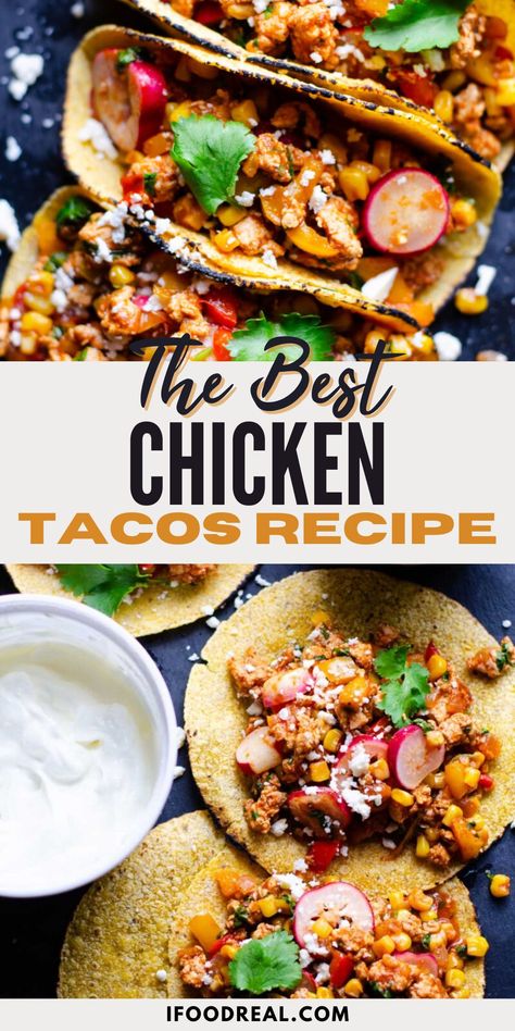 This Chicken Tacos Recipe comes together in 30 minutes! Tacos with ground chicken are the ultimate one skillet meal that the entire family will love. They taste amazing and are made with a combination of ground chicken, bell peppers, onion, garlic, corn, radish, tomato sauce, and spices. Give these easy tacos a try tonight! Easy Meals With Ground Chicken, Ground Chicken Taco Meat, Ground Chicken Tacos Recipes, Ground Chicken Taco Recipes, Recipes With Ground Chicken, Easy Ground Chicken Recipes, Chicken Bell Peppers, Garlic Corn, Easy Tacos