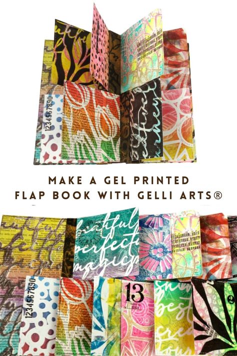 Two photos of a flip-flap book with a text overlay. Inside the book, you can see multiple coloured and patterned flaps made of gel prints. Gel Printing, Gelli Printing Techniques, Mini Art Journal, Book Binding Diy, Gelli Plate Art, Collage Book, Upcycle Books, Gelli Plate Printing, Kids Art Class