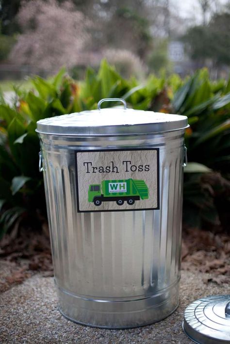 Trash Bash Party, Cute Trash Can, Garbage Truck Birthday Party, Truck Birthday Party Ideas, Garbage Truck Birthday, Garbage Truck Party, Dump Truck Birthday Party, Trash Bash, Truck Theme Birthday