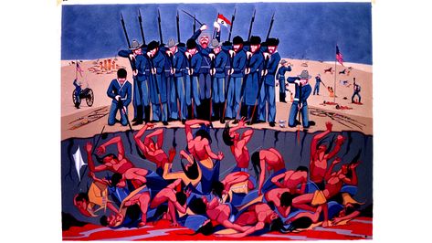 "Wounded Knee Massacre" A censored Masterpiece by Artist Oscar Howe, a Lakota Yanktonai Sioux Ojibway. "There is much more to Indian Art than pretty, stylized pictures..There was also power and strength and individualism (emotional and intellectual insight)..Are we to be..put on reservations and treated like a child, and only the White Man knows what is best for him?" (Oscar Howe) Oscar Howe, Wounded Knee, Us Army Soldier, American Colonies, Indigenous Art, Native Art, Native American Art, End Of The World, American Indian