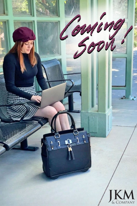 A woman at a train station typing on her laptop, using a stylish black rolling laptop bag. The bag is sleek and professional, perfect for business travel and work on the go. The background shows train tracks, highlighting the mobility and convenience of the rolling laptop bag. Rolling Briefcase Women, Rolling Laptop Bag, Rolling Briefcase, Commuter Style, It Professional, Briefcase Women, Stay Productive, Laptop Bag For Women, Professional Bag