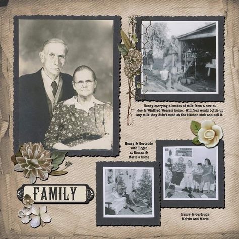 Old Photo Scrapbook Ideas, Family History Scrapbook Layout, Scrapbook Ideas For Family Old Photos, Family Heritage Scrapbook Pages, Heritage Scrapbooking Layouts Old Photos, Scrapbook Old Photos, Family History Scrapbook Ideas, Family Tree Scrapbook Ideas, Scrapbooking Vintage Photos