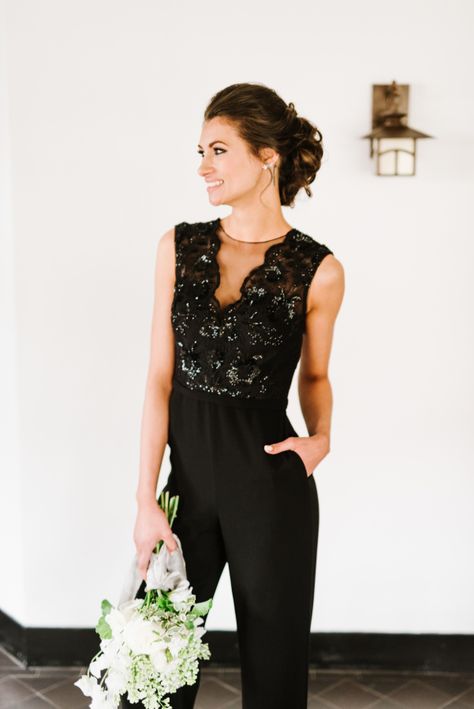 Chic black bridesmaid jumpsuit: http://www.stylemepretty.com/massachusetts-weddings/topsfield/2016/07/13/whats-black-white-and-chic-all-over-this-wedding-inspiration-shoot/ | Photography: Annmarie Swift Photography - http://annmarieswift.com/ Black Jumpsuit Wedding, Bridesmaid Pantsuit, Weight Inspiration, Jumpsuit Outfit Wedding, Wedding Pantsuit, Bridesmaids Jumpsuits, Wedding Pants, Jumpsuit For Wedding Guest, Modern Bridesmaid