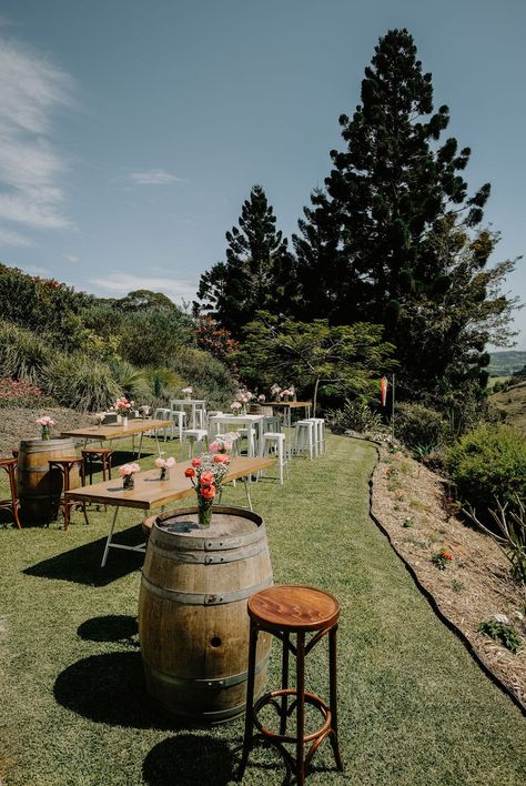 Wedding On Property, Wedding Reception On Gravel, Hay Seating Wedding, Wedding Ceremony On Gravel, Cocktail Wedding Reception Set Up, Wedding Barrels, Hay Bails For Wedding Seating, Property Wedding, Terrain Gardens Devon Wedding