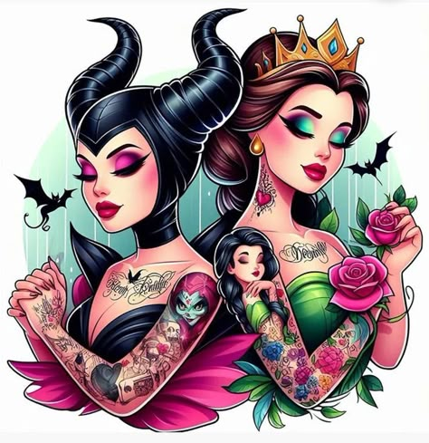 Tattooed Disney Princesses, Dark Disney Art Twisted Princesses, Dark Disney Princess Art, Gothic Disney Princesses, Gothic Disney, Cool Eye Drawings, Dark Disney Tattoo, Punk Disney Princess, Dark Disney Princess