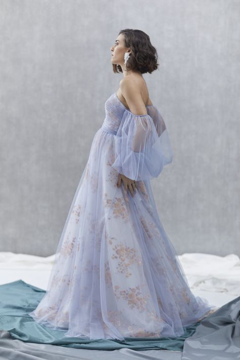 Hera Couture - Le Wild Rose in Dusky Blue Wedding Gown Lilac Gown, Rose Print Fabric, Hera Couture, Rose Gown, Gown Designer, Floral Frocks, Dusky Blue, Gown Inspiration, Beautiful Wedding Gowns