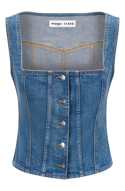 From a collab between brands representing fresh fashion and rugged heritage comes a denim bustier top tricked out in trucker trims. Exclusive retailer Front button closure Square neck Sleeveless 78% cotton, 20% recycled cotton, 2% elastane Dry clean Imported Square Neck Bustier Top, Denim High Fashion, Bustier Top Outfits, Denim Bustier Top, Denim Clothes, Denim Bustier, Cool Girl Outfits, Denim Tank Top, Fresh Fashion