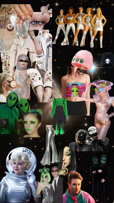 Space Futuristic Aesthetic Outfit, Alien Disco Party, Galactic Bachelorette, Out Of This World Theme Party, Alien Bachelorette Party, Space Disco Outfit, Space Disco Party, Futuristic Party Theme, Cosmic Costume