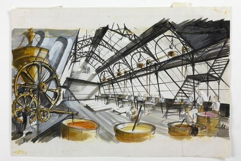 Ken Adam's designs for Chitty Chitty Bang Bang (the film). Set Theatre, Ken Adams, Chitty Chitty Bang Bang, Stage Designer, Stage Set Design, Futuristic Interior, Interior Sketch, Film Design, Theatre Design