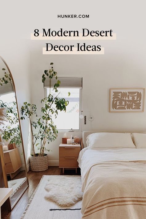 Looking to bring this aesthetic to your own abode? Scroll down to see some of our fave modern desert ideas. #hunkerhome #modern #desert #decor #desertdecor #desertinspired Modern Desert Office Decor, Desert Guest Room, Desert Master Bedrooms Decor, Southwest Guest Bedroom, Mid Century Desert Decor, Sedona Inspired Bedroom, Desert Modern Decor Living Room, High Desert Interior Design, Desert Decor Bedroom