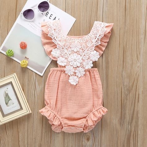 Baby 2019 Baby / Toddler Solid Ruffled Lace Floral Backless Bodysuit at PatPat.com Baby Hair Bands, Bodysuit Jumpsuit, Cotton Romper, Lace Crochet, Baby Outfits Newborn, Lace Romper