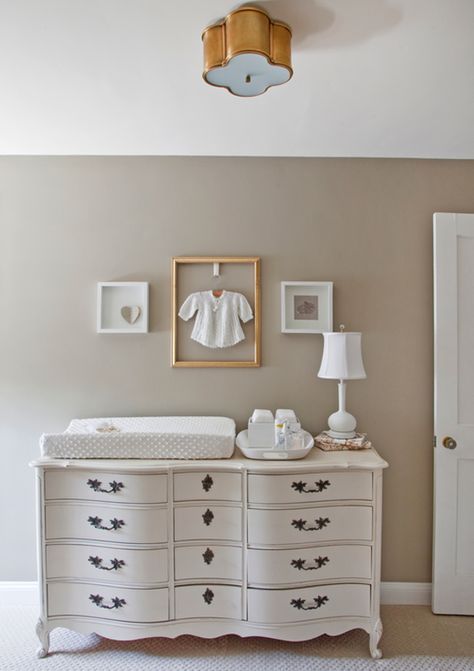 Gallery wall idea: frame a sentimental baby clothing item. Easy, inexpensive and looks great! #nursery #genderneutral Nursery Changing Table, Changing Table Dresser, Vintage Dressers, Gender Neutral Nursery, Nursery Inspiration, Baby's Room, Room Tour, Nursery Design