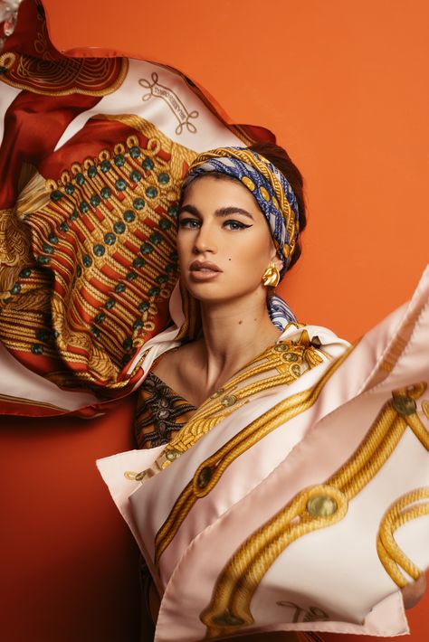 Hermes Photoshoot, Hermes Campaign Photography, Hermes Head Scarf, Hermes Magazine, Scarf Photoshoot Ideas Silk Scarves, Hermes Campaign, Editorial Hijab Photography, Hermes Editorial Photography, Scarf Photoshoot