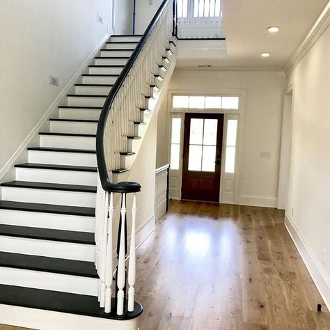 Dark stair treads with lighter stained floors Dark Staircase Light Floors, Dark Stairs Light Floors, Dark Wood Staircase Light Floors, Dark Stained Stairs, Dark Stair Treads Light Floors, Espresso Stained Stairs, Stairs Stained Darker Than Floor, Black Stair Treads White Riser Oak Floors, Dark Staircase