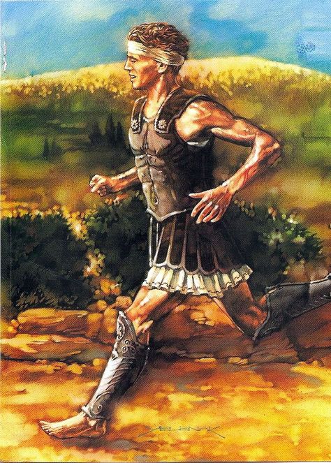 Pheidippides (c. 520-490 B.C.) or Philippides is the central figure in a story that was the inspiration for a modern sporting event, the marathon race. Pheidippides is said to have run from Marathon to Athens to deliver news of a military victory against the Persians at the Battle of Marathon. Battle Of Marathon, Greco Persian Wars, Ancient Greece Art, Greece Art, Greek Warrior, Persian Empire, Ancient Persian, Long Distance Running, Greek History