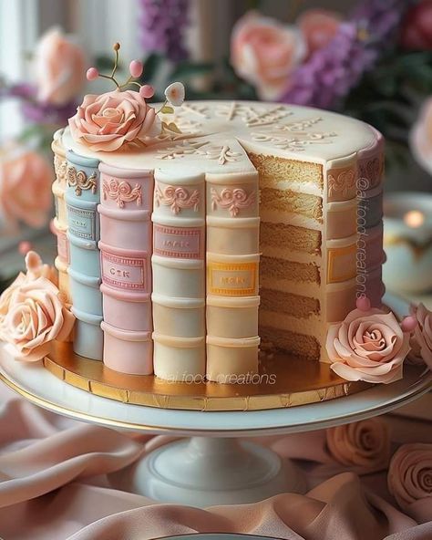 Library Cake, Usa Cake, Cake Magic, Books And Flowers, Stunning Cakes, Recipes Tutorials, Book Cakes, Book Cake, Creative Birthday Cakes