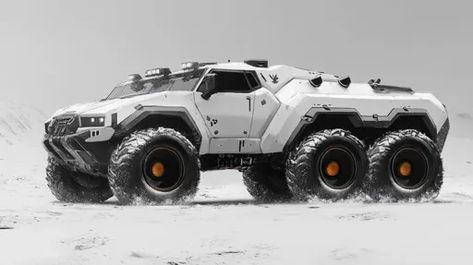 ↑↑↑ Larger size on website 🔸 A white, futuristic-looking vehicle with large, rugged tires is driving on a snowy terrain. The vehi Sci Fi Vehicles, Sci Fi Vehicle, Futuristic Truck, Vehicle Concept Art, Snowy Terrain, White Futuristic, All Terrain Vehicle, Snow Vehicles, Sci Fi Tank