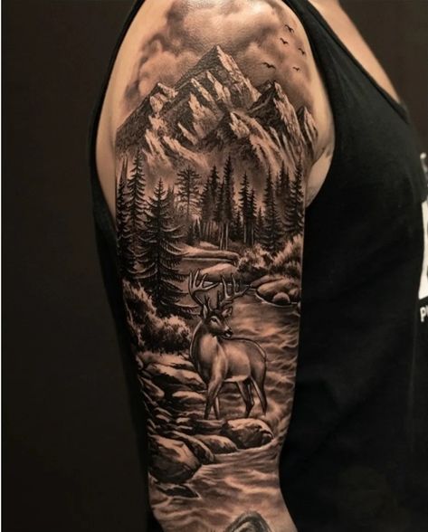 Cool Sleeve Tattoos, Nature Sleeve Tattoo, Duck Hunting Tattoos, Deer Hunting Tattoos, Buck Tattoo, A Sleeve Tattoo, Natur Tattoo Arm, Deer Head Tattoo, Nature Sleeve